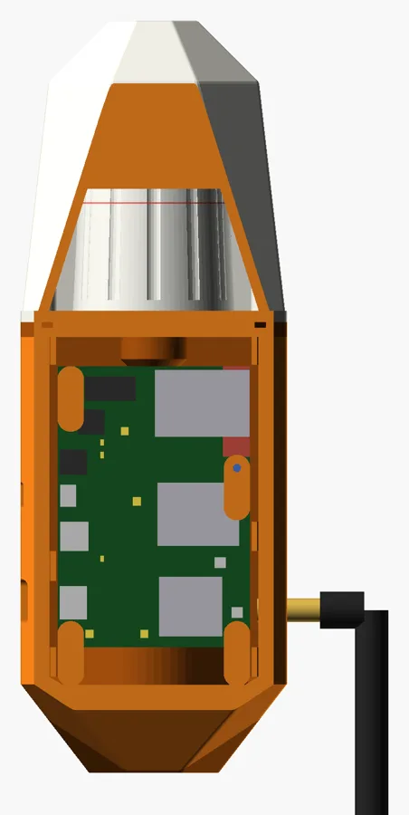 Cutaway render of the helical rover showing the board and antenna inside